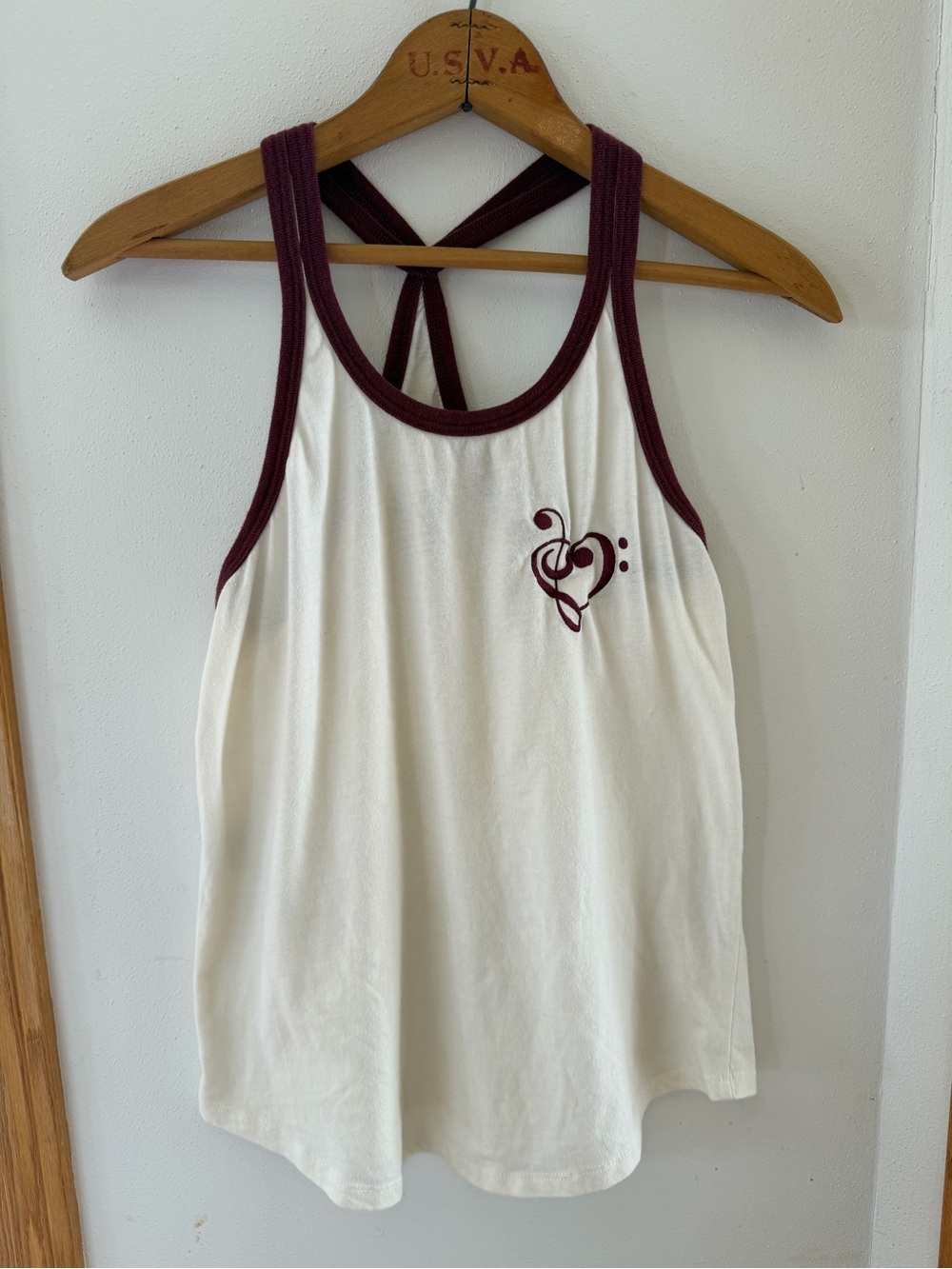 Black Matter Cream Tank Top with Maroon Trim & Music Heart